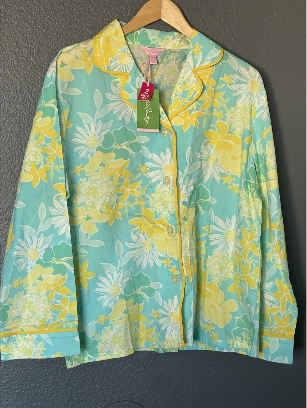 NEW Lilly Pulitzer Pajama Top Only Wave Blue Sz L Yellow Logo Button Up Floral